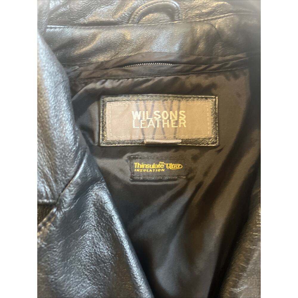 Wilson’s Leather Mid Length Belted Black Leather Jacket L Thinsulate - Picture 2 of 4